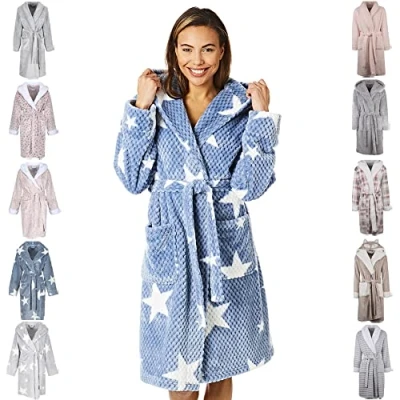 Image of Light &amp; Shade Ladies Supersoft Fleece Dressing Gown Robe, Star Blue, S/M