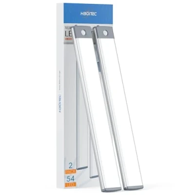 Image of HIBOITEC Motion Sensor Wardrobe/Closet Light USB Rechargeable 2500mAh Cupboard Lights 54 LED Wireless Under Cabinet Lighting Stick on Kitchen Stairs Hallway, 2 Mode(White, 2Pack)