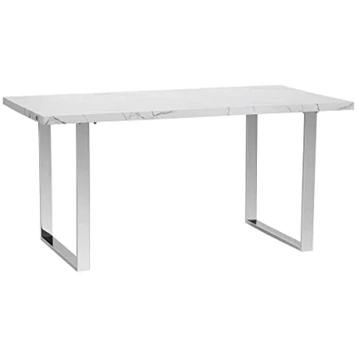 Image of HOMCOM 160 cm Rectangular Dining Table for 6 8 People, Modern Kitchen with Marble Effect Tabletop, Steel Legs, Living Room, Home Office, White