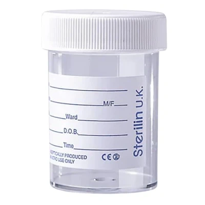 Image of 10 x Sterilin Urine Sample Bottles Specimen Pot Graduated Container with Lid &amp; Printed Label 60ml For Medical Collection Suitable NHS Spill Proof