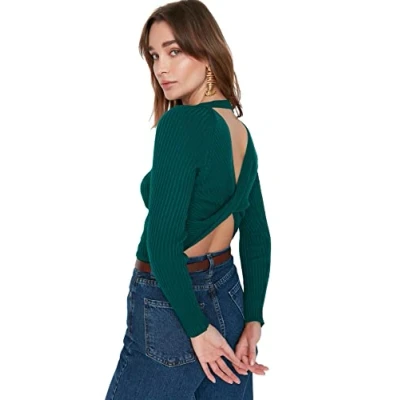 Image of Trendyol Women&#039;s Crew Neck Floral Regular Sweater Sweatshirt, Emerald Green, L UK