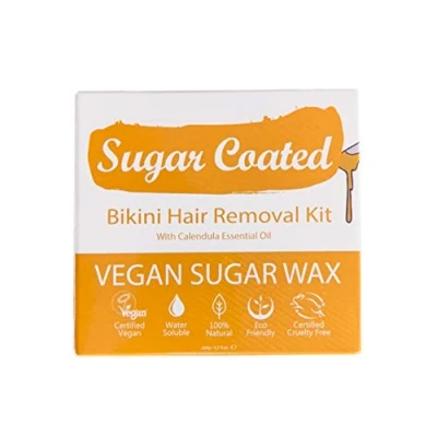 Image of Sugar Coated Organic Bikini Wax Kit with Strips, Natural &amp; Gentle Hair Removal for Line, At Home Calendula Oil to Calm Sensitive Skin, Non Damaging Wax, 200g