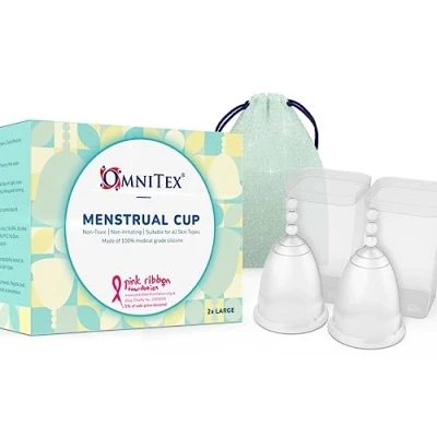 Image of 2pk Omnitex Menstrual Cups for Breast Cancer 100% Pure Medical Grade Silicone Safe Eco Friendly Tampon &amp; Pad Alternative Non Toxic ISO10993 Tested BPA Latex Free, Pack of 2X Large