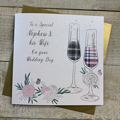 Image of White Cotton Cards NEPHEW &amp; WIFE TARTAN FLUTES WEDDING CARD, HAND FINISHED (D189)