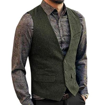Image of AeoTeokey Men&#039;s Tweed Vintage Suit Vest Casual Herringbone Wool Wedding Groomsmen Waistcoat(L,Army Green)