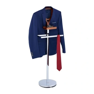 Image of Relaxdays Valet Stand, for Shirts &amp; Pants, with Shelf, MDF Steel, Clothes Hanger, HWD: 120 x 45 28 cm, Silver/Brown
