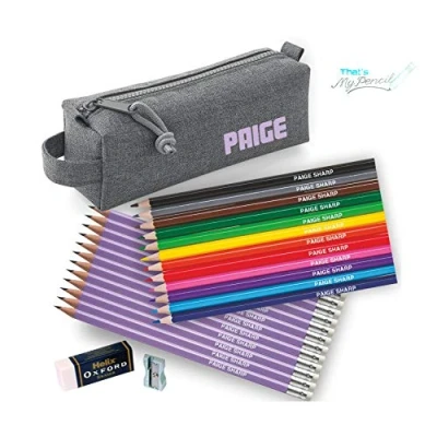 Image of Personalised Marl Grey Block Pencil Case with 12 Colouring Pencils, Matching HB Pencils Erasers Plus Helix Oxford Sharpener and Eraser Printed in UK by &#039;That&#039;s My Pencil&#039; (Lilac)