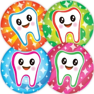Image of Stone Melon School Reward Stickers 144 Happy Teeth Dentist Bravery Brushing 30mm Round Awards Nursery Teachers Parents Children Kids