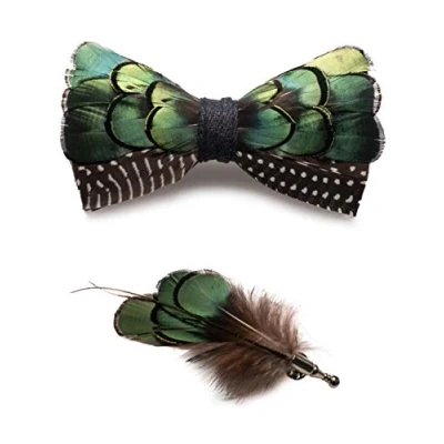 Image of Jemygins Men’s Handmade, Leather, Feather Bow Tie with Gift Box Set for Wedding Celebration, Strisce Bianche / Nere, M