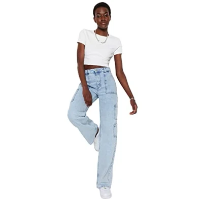 Image of Trendyol Women Normal Waist Wide Leg Jeans,Light Blue,32