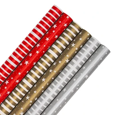 Image of Hallmark Christmas Wrapping Paper, Pack of 6 Gift Wrap, 3M Each, 2 Festive Designs, Stars, Stripes, Red, Gold, Silver
