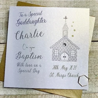 Image of WHITE COTTON CARDS GODDAUGHTER PERSONALISED BAPTISM CARD, CHURCH DESIGN, HAND FINISHED (X) P23 15 B GODD
