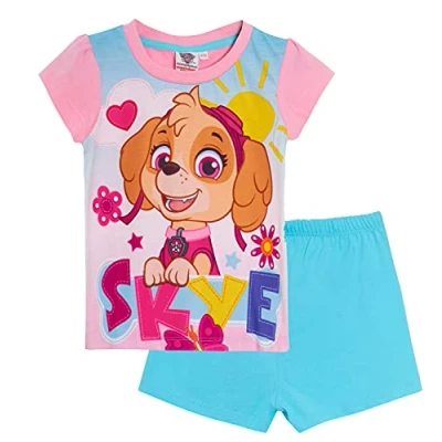 Image of Paw Patrol Girls Short Pyjamas Skye Shortie Pjs Set Pink Nightwear T Shirt + Shorts Pink/Blue 2 3 Years