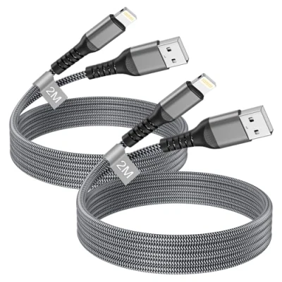 Image of iPhone Charger Cable 2M 2Pack[Apple MFi Certified], Lightning USB to Long Fast Charging Nylon Wire Lead for 14 13 12 11 Pro Max/Mini/XS/8/7,iPad