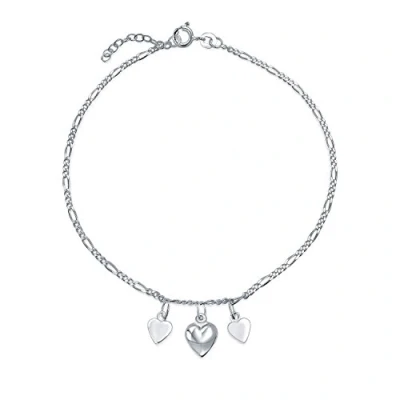 Image of Three Multi Dangling Hearts Charms Anklet Ankle Figaro Bracelet For Women .925 Sterling Silver Adjustable 9 To 10 Inch With Extender