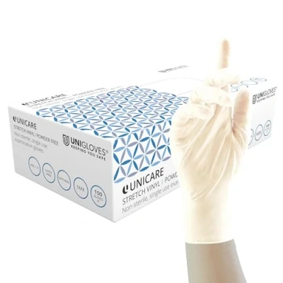 Image of Unigloves Unicare Stretch Vinyl GS0133 A Examination Multipurpose, Disposable Gloves, Box of 100 Natural, Medium