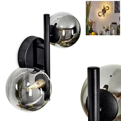 Image of Wall Light Chehalis, Modern Made of Metal/Glass in Black/Smoke, Retro/Vintage with lampshades Smoked Glass (Ø 10/12,5 cm), 2 Flame, x G9, Without Bulbs