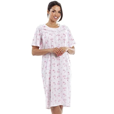 Image of Camille Womens Luxury Porcelain Nightdress Ladies Floral Short Sleeved Summer Nightie Comfortable &amp; Breathable Nightwear with Full Front Button Fastening Pink 14 16