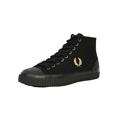 Image of Fred Perry Mens Womens Unisex B8110 Hughes Mid Trainers Sneakers Plimsolls Boots Black Champagne Size 6.5 39 EU