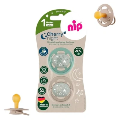 Image of NIP Cherry Round Dummy Night 0 6 Months, Luminous Dummy, from Birth 0+ Nursing Friendly and Sustainable, Glows in the Dark, Pack of 2, Unisex Babies