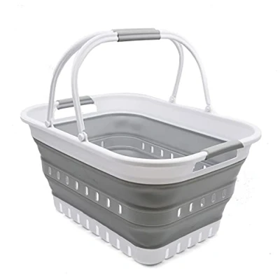 Image of SAMMART 29L Collapsible Tub with Handle Portable Outdoor Picnic Basket/Crater Foldable Shopping Bag Space Saving Storage Container (White/Grey)