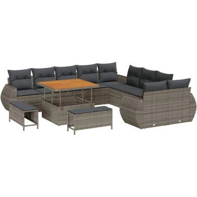 Image of vidaXL 13 Piece Garden Sofa Set with Cushions Grey Poly Rattan Acacia
