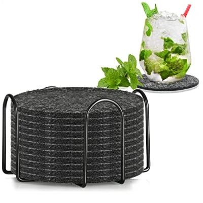 Image of com four® 12x coasters made of felt round table protectors with metal holder protective mat for pots, glasses, vases (Ø 10cm + holder)