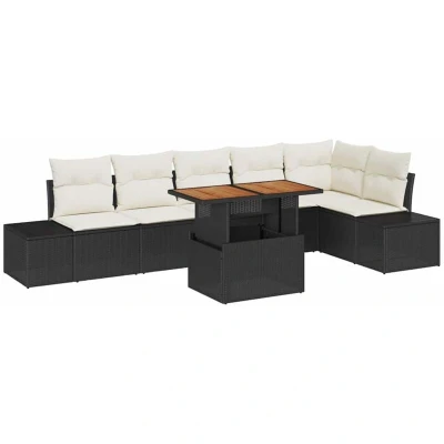 Image of vidaXL 7 Piece Garden Sofa Set with Cushions Black Poly Rattan