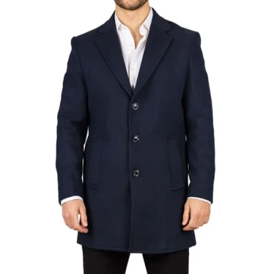 Image of Men&#039;s Overcoat Notched Lapel Collar Wool Blend Classic Trench Coat Winter Jacket Navy S