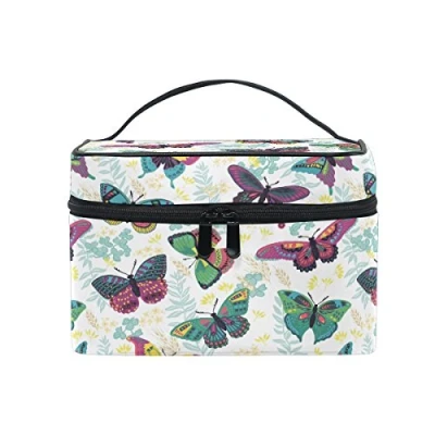 Image of Makeup Bag, Butterfly Print Cosmetic Toiletry Storage Organiser Large Travel Handle Personalised Pouch with Compartments for Teenage Girl Women Lady