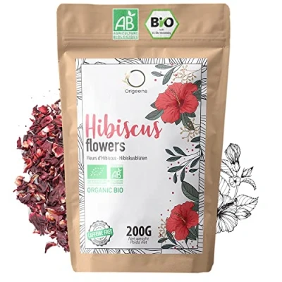 Image of ORIGEENS Hibiscus TEA Organic 200g Flower for Infusions, Iced Tea, Karkade Dried Flowers, Draining Detox Treatment