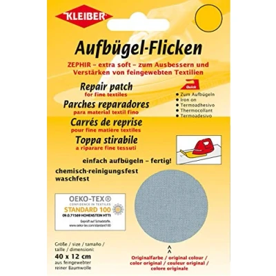 Image of Kleiber Iron On Repair Patch for Fine Knit Textiles 40cm x 12 cm Size Light Grey, 40