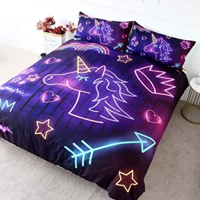Image of BlessLiving Purple Unicorn Bedding Kids Boys Neon Bed Set Gold Stars and Pink Heart Crown Print Magical Bedspread 3 Piece Cute Girls Duvet Cover Sets (Single)