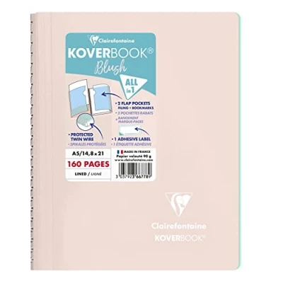 Image of Clairefontaine Ref 366778C Koverbook Blush Wirebound Notebook (80 Sheets) A5 Size, Lined Ruling, 90gsm Brushed Vellum Paper, Pastel Polypro Cover Powder Pink