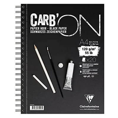 Image of Clairefontaine Ref 975043C Carb&#039;On Black Wirebound Paper Pad (20 Sheets) A4 (297 x 210mm) Sized, 120gsm Paper, Acid Free, pH Neutral Suitable for Pencil, Felt Tip, Chalk