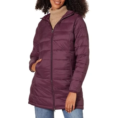 Image of Amazon Essentials Women&#039;s Lightweight Water Resistant Hooded Puffer Coat (Available in Plus Sizes), Burgundy, L