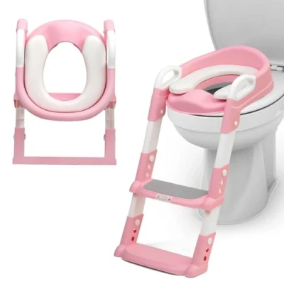 Image of Crystals Portable Toddler Potty Training Seat with Step Foldable Child Toilet for Boys &amp; Girls, Comfortable Ladder, Anti Slip Design Kids Training, Easy Up (Pink)