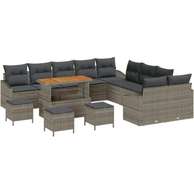 Image of vidaXL 14 Piece Garden Sofa Set with Cushions Grey Poly Rattan Acacia