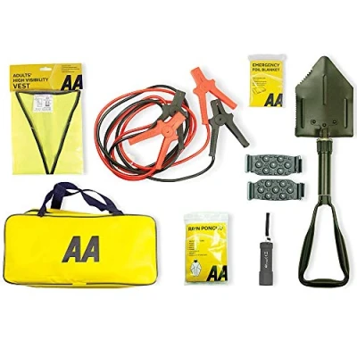 Image of AA Emergency Winter Car Kit AA5281 Folding Snow Shovel, 9 LED Torch, Foil Blanket, Hi Vis Vest, Rain Poncho, Booster Cables, Pair Grips