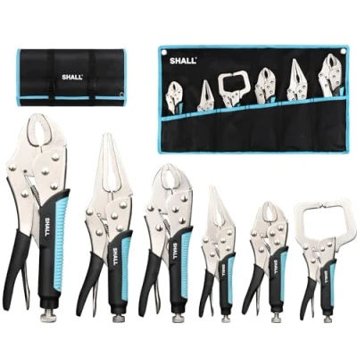 Image of Shall 6 Piece Locking Pliers, Vice Grips Pliers Set, 5&quot;,7&quot; &amp; 10&quot; Curved Jaw 1/2&quot; 9 1/2 Long Nose 6&quot; C Clamp, Two Color TPR Handle, Roll Up Pouch Included