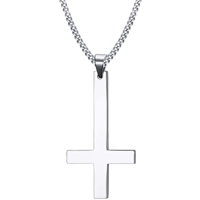 Image of Stainless Steel Upside Down St. Peter&#039;s Cross Necklace Pendant (Silver)