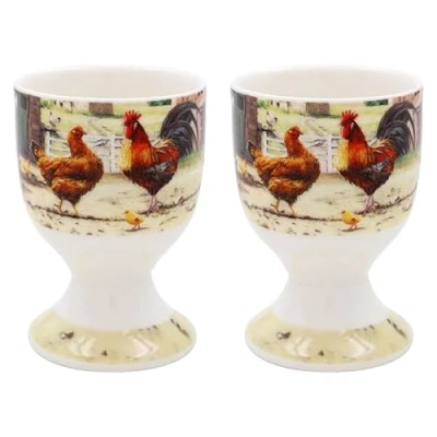 Image of LESSER &amp; PAVEY Eggs Cups Ceramic Fine China Cockerel Hen Kitchen Tableware Farm Print Design
