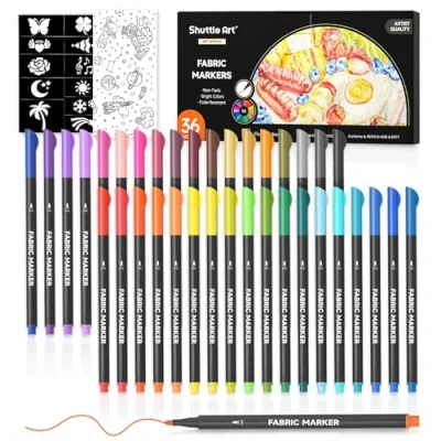 Image of Shuttle Art Fabric Pens, 36 Colours Fine Tip Permanent Markers for Clothes, T shirt, Shoes with 11 Stencils 1 Sheet, Non toxic Marker Pens Kids Adult Painting Writing