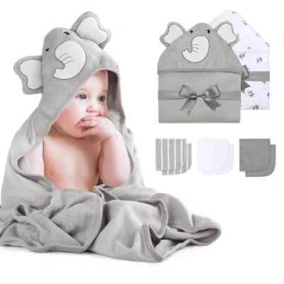 Image of momcozy Hooded Baby Towel Set, 8 Piece Bath 2Pcs and 6Pcs Wash Cloth, Soft Super Absorbent Washcloths for Toddlers, Shower Set Cute Elephant