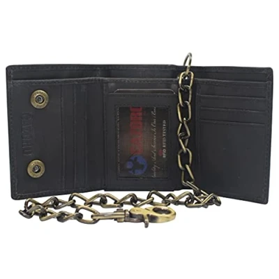 Image of CAZORO Men&#039;s RFID Blocking Trifold Vintage Leather Biker Chain Wallet With Snap Closure, Black,