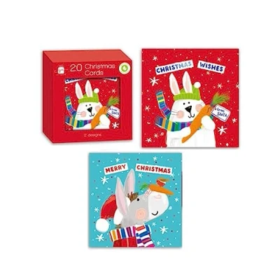 Image of Giftmaker Pack 20 Square Mini Christmas Cards 2 Rabbit &amp; Donkey Designs 10cm