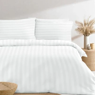 Image of Simply Amelia Duvet Cover Sets Premium Hotel Quality 100% Brushed Cotton Satin Stripe Quilt Set with Pillowcases Bedding Soft Easy Care (White, Super King (260cm x 220cm))