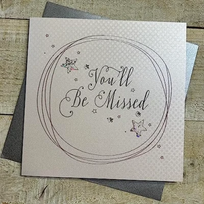 Image of WHITE COTTON CARDS YOU&#039;LL BE MISSED, SWIRL &amp; STARS DESIGN LARGE GOOD LUCK CARD, HAND FINISHED (XB182)