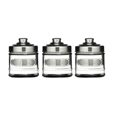 Image of Premier Housewares 350 ml Round Glass Tea, Coffee and Sugar Jars with Aluminium Lids 8.5 x 11 cm, Set of 3