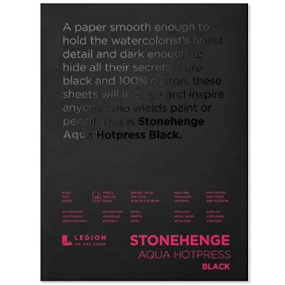 Image of Legion Stonehenge Aqua Watercolor Pad, 140lb, Hot Press, 9 x 12 inches, Black Paper, 15 Sheets (L21 SQH140BK912)